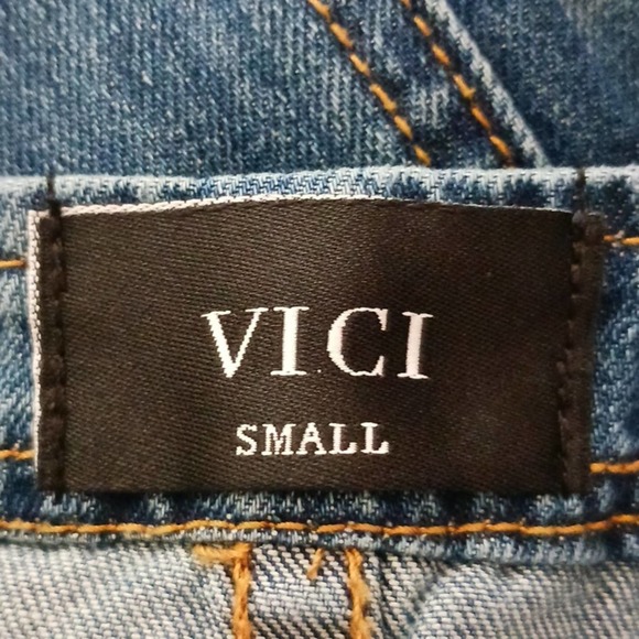 VICI OVERALLS Distressed Frayed Dark Blue Sz Small AMAZING JEANS! Super Cute!! - Picture 14 of 16